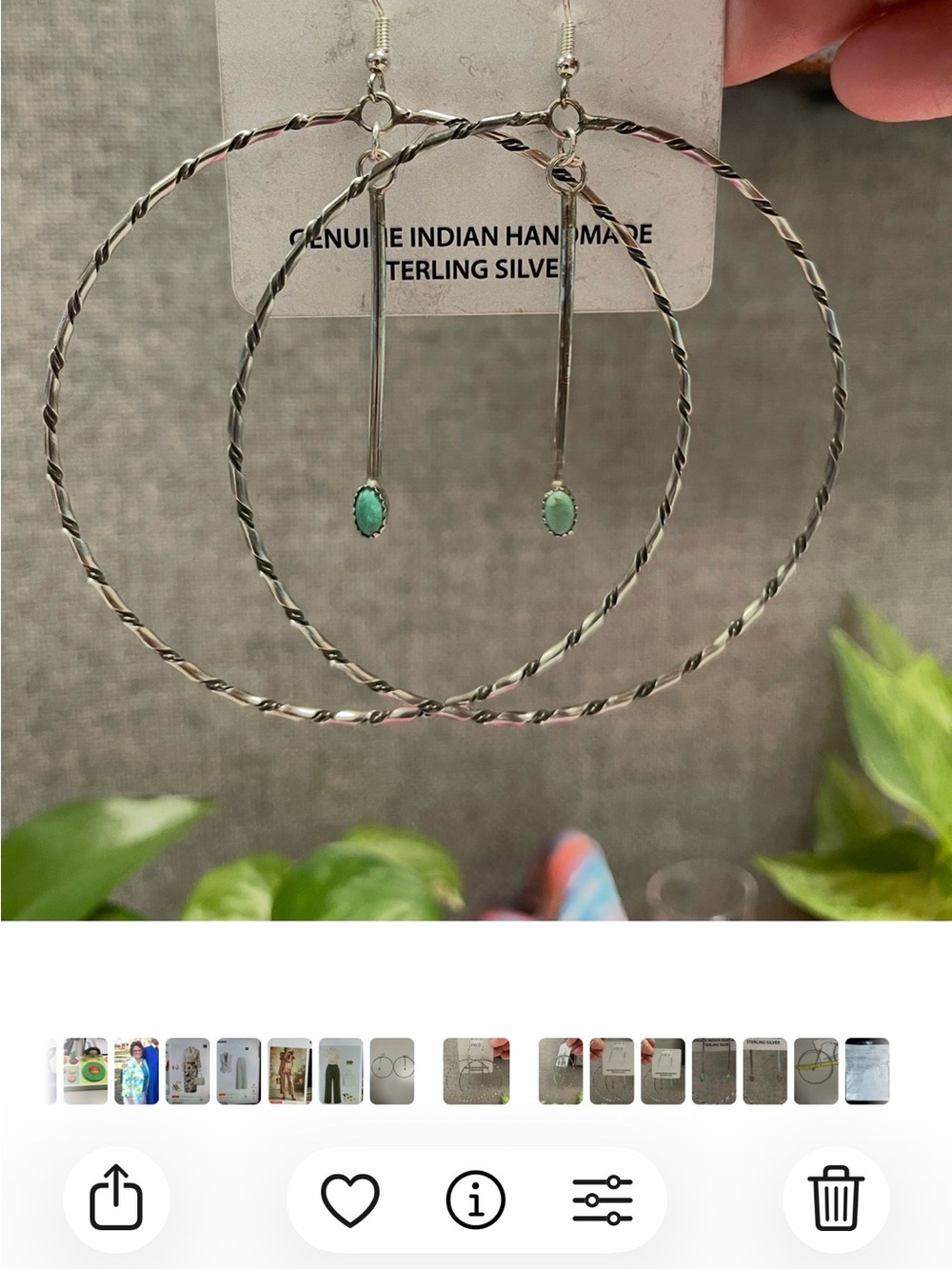 Navajo Native American Handmade Sterling Silver Hoop Earrings Turquoise Drops